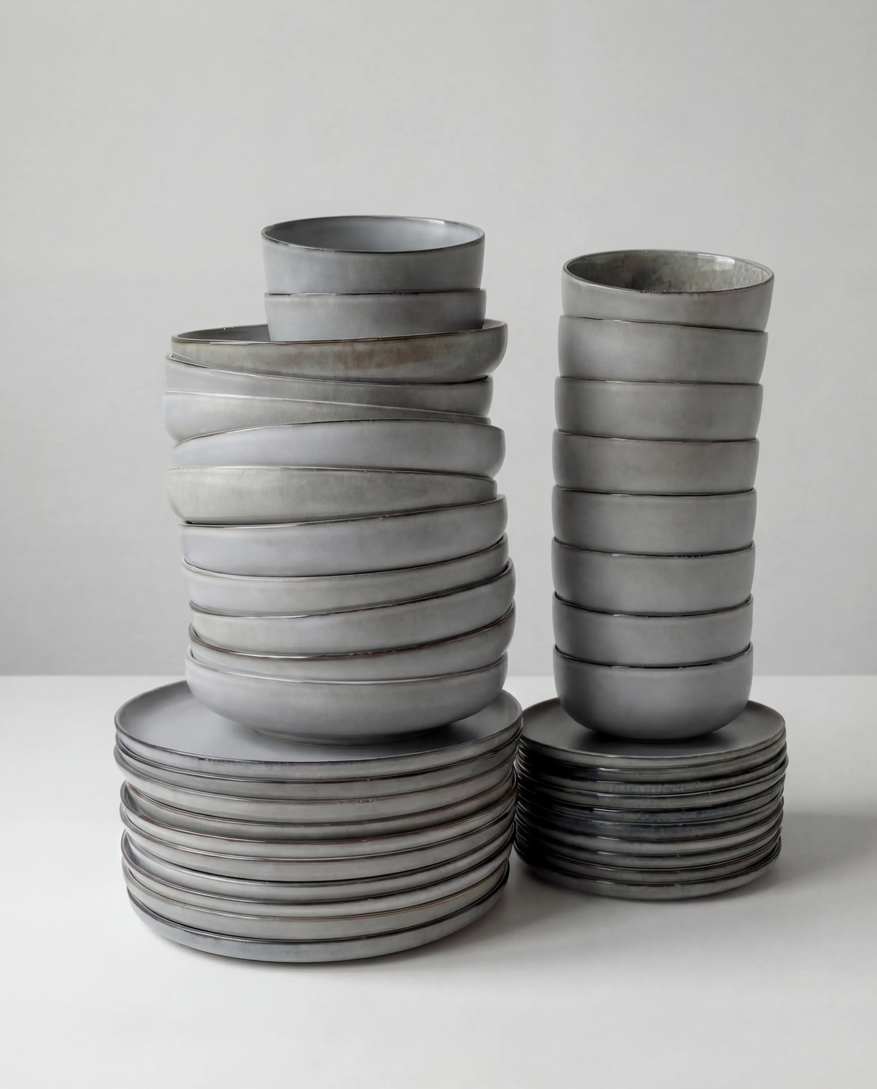 Stacks of gray Nordic Forest dinnerware bowls and plates from the Scandic Soul 40 piece set