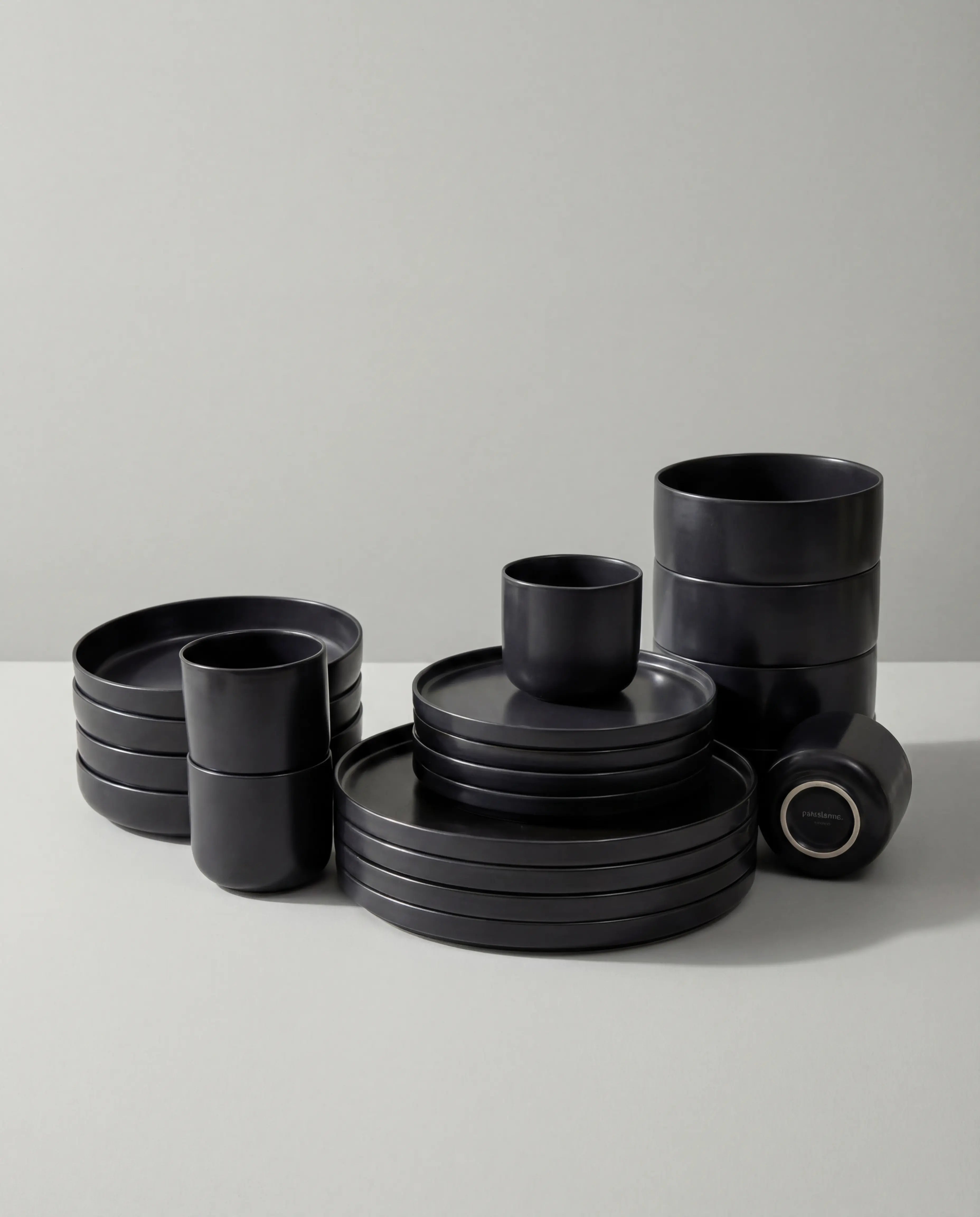 Vela Luna 20 piece black matte dinnerware set stacked on a white surface