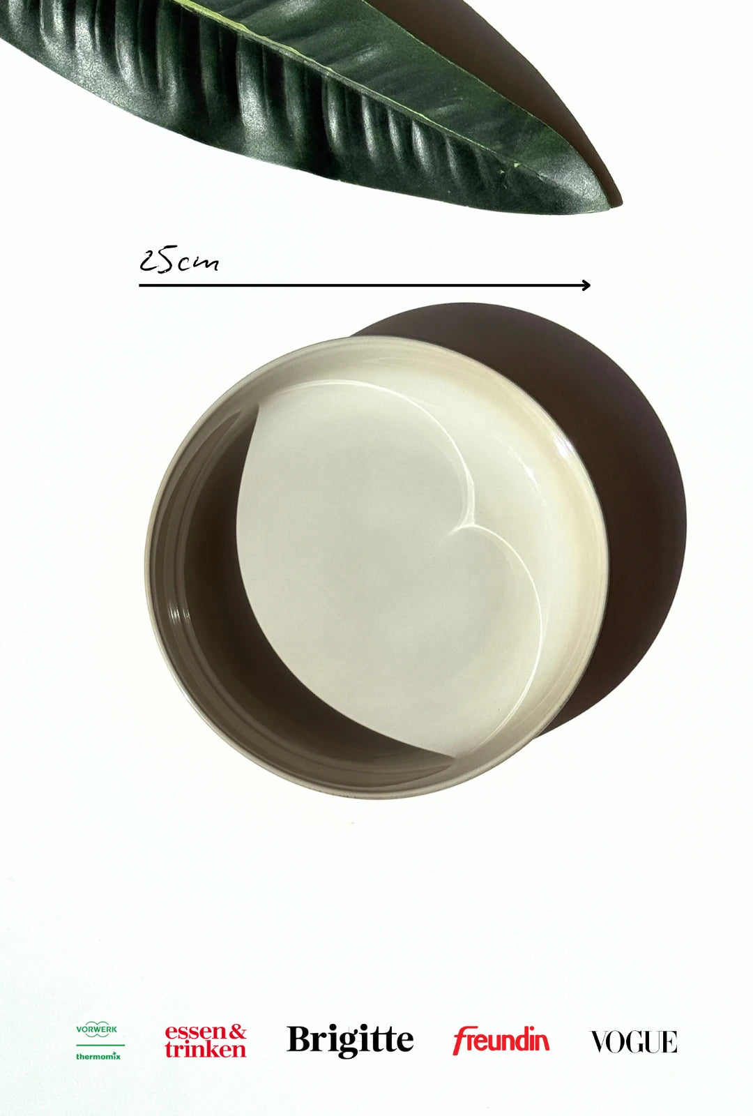 Top view of a white circular plate nestled inside a dark charger with a 25 cm scale line and a green leaf in the corner