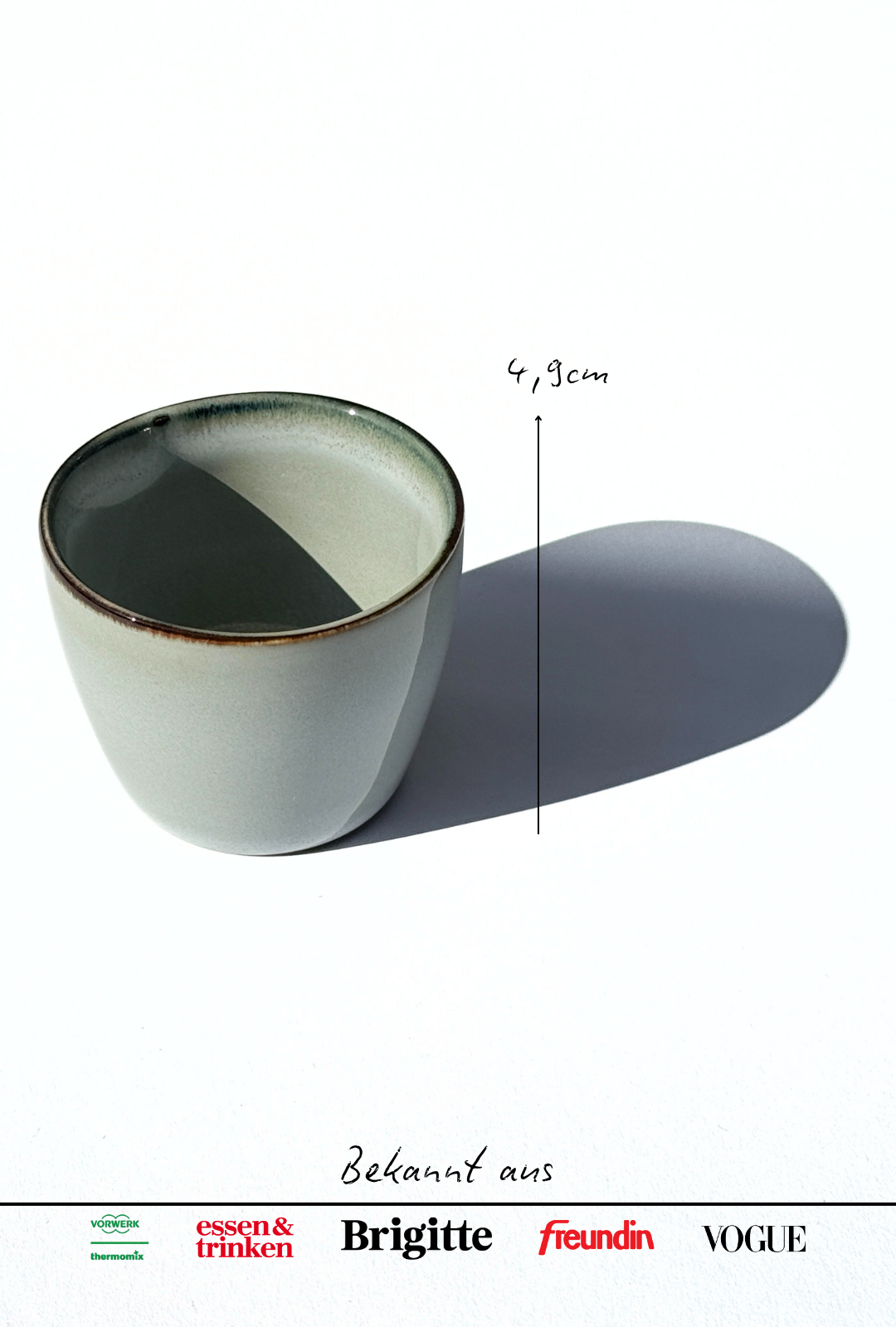 Dip espresso cup in Nordic Forest glaze with pale gray body and brown rim
