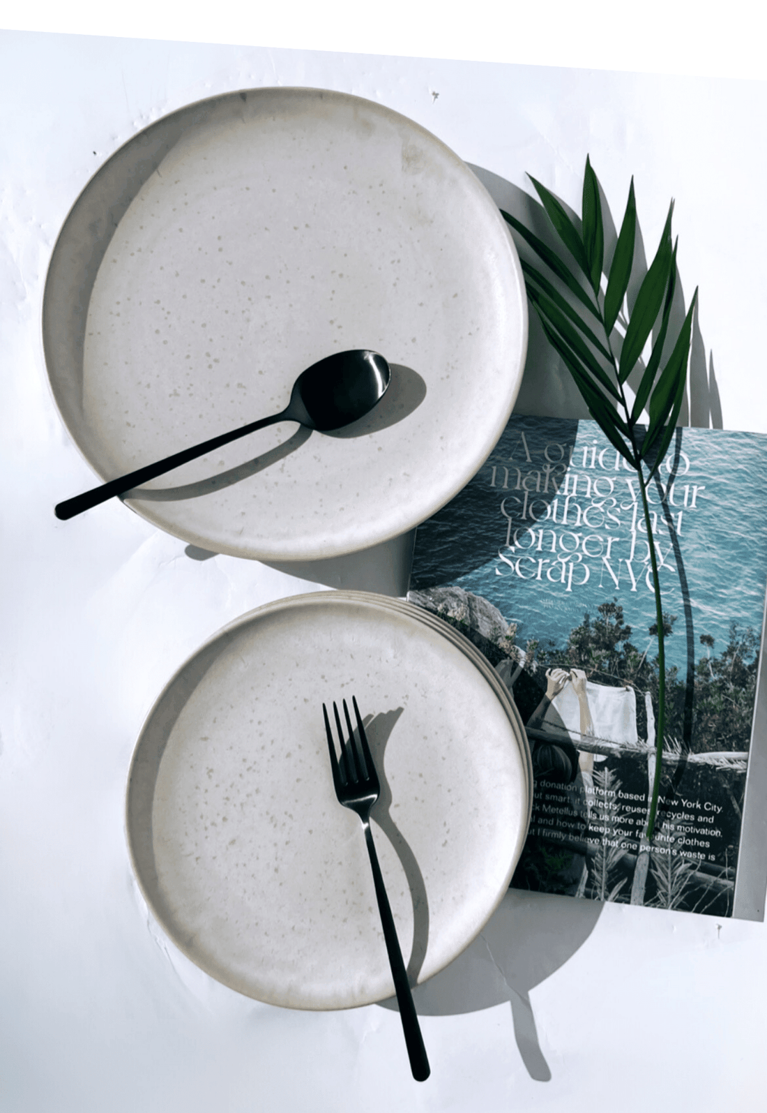 Beige speckled dinner plate with a black spoon resting on it and a dark green leaf nearby