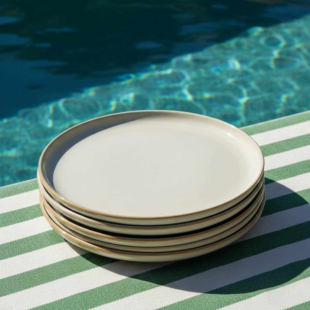 Stack of Scandic Sails large plates outdoors on a striped cloth by a pool.