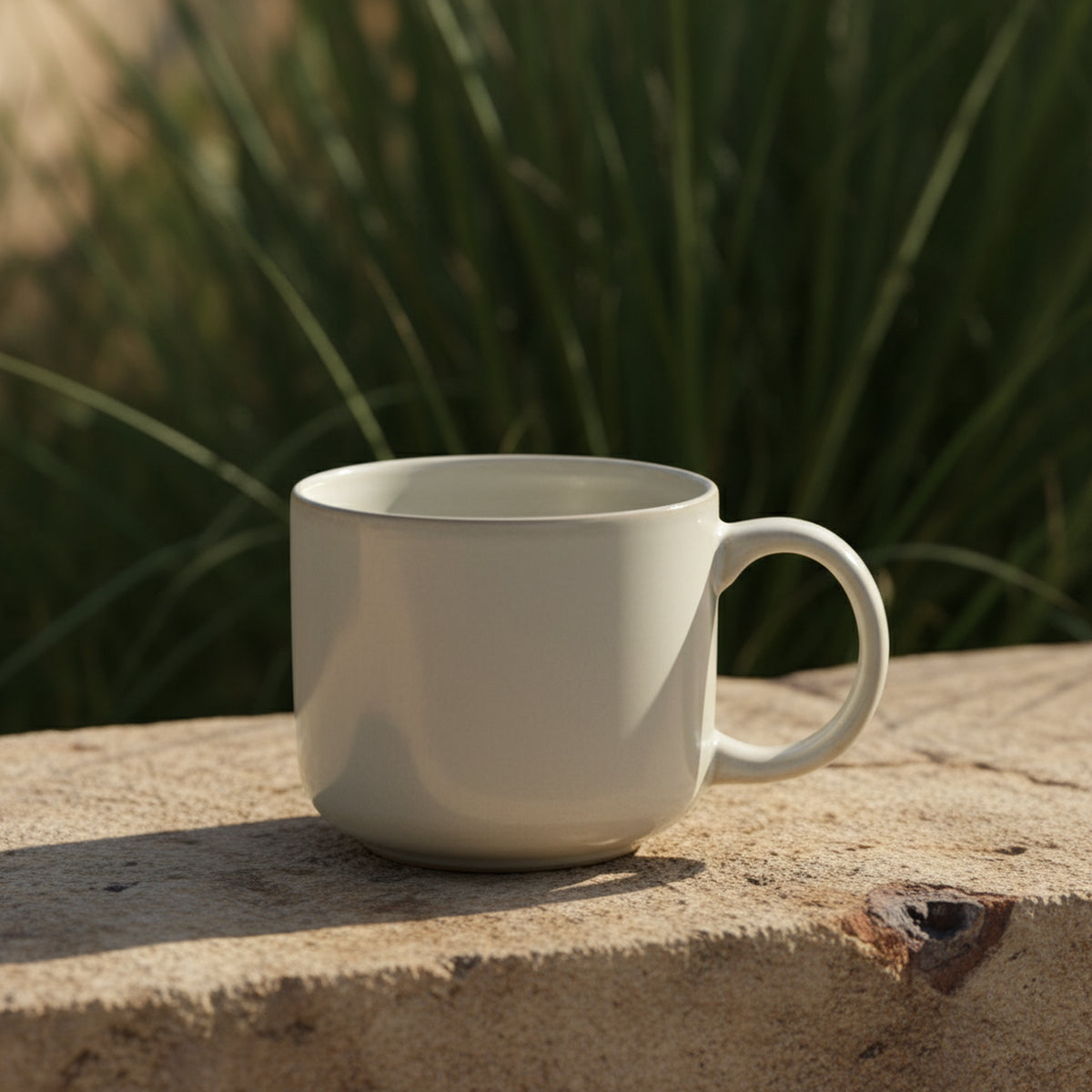 Nahaufnahme einer weißen Scandic Sails Tasse auf einer Steinoberfläche mit grünem Hintergrund