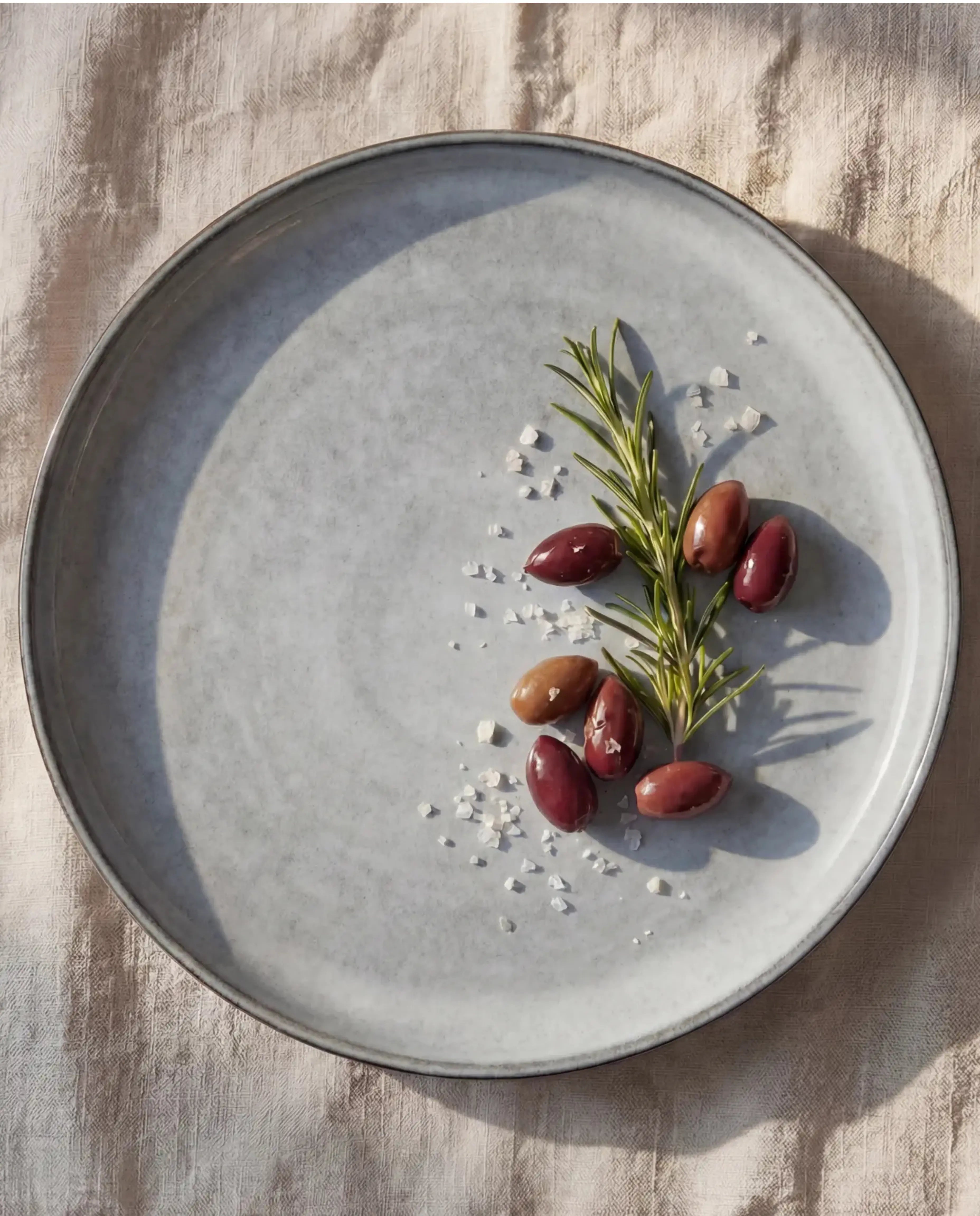 Round gray ceramic plate from the Nordic Forest set with rosemary, olives and flaky salt on a textured table