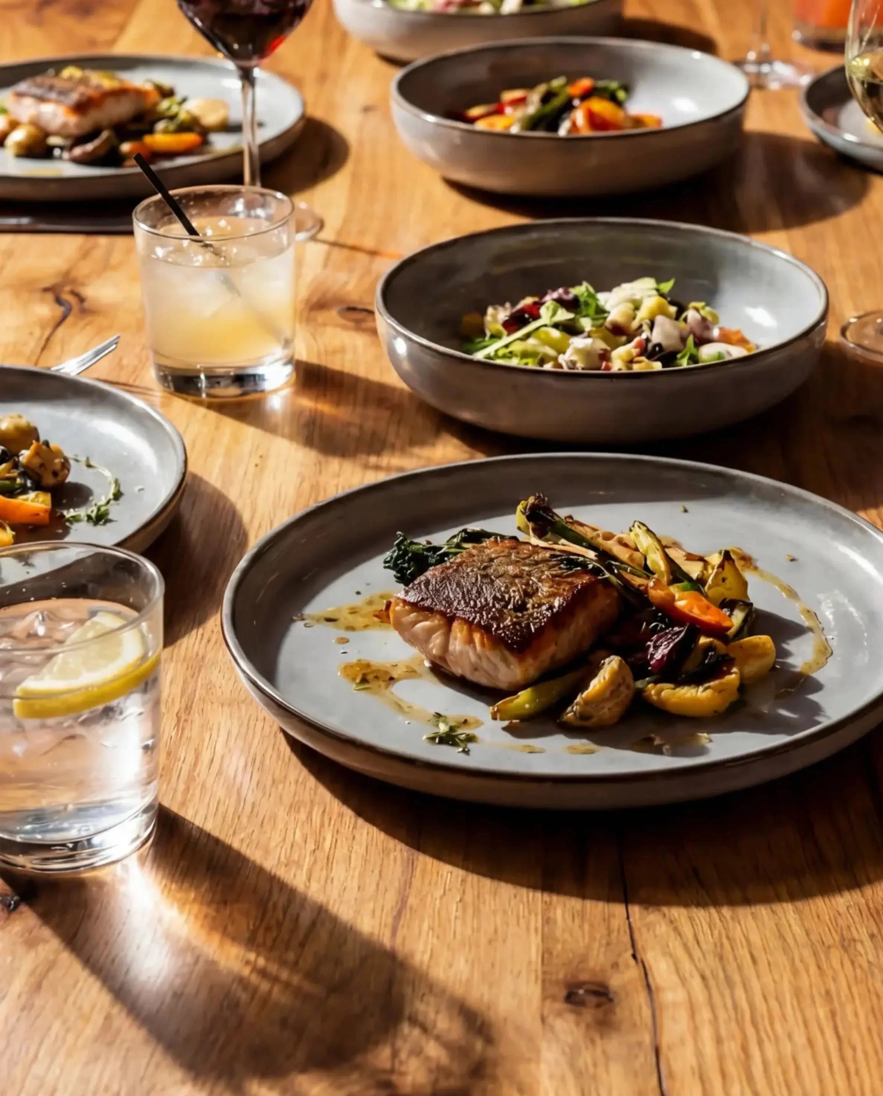 Gray Nordic Forest dinnerware bowls and plates shown as a sample of the Scandic Soul 24 piece set on a wooden table