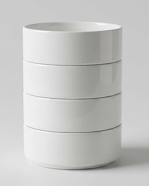 Three glossy white bowls stacked into a cylindrical tower with lids