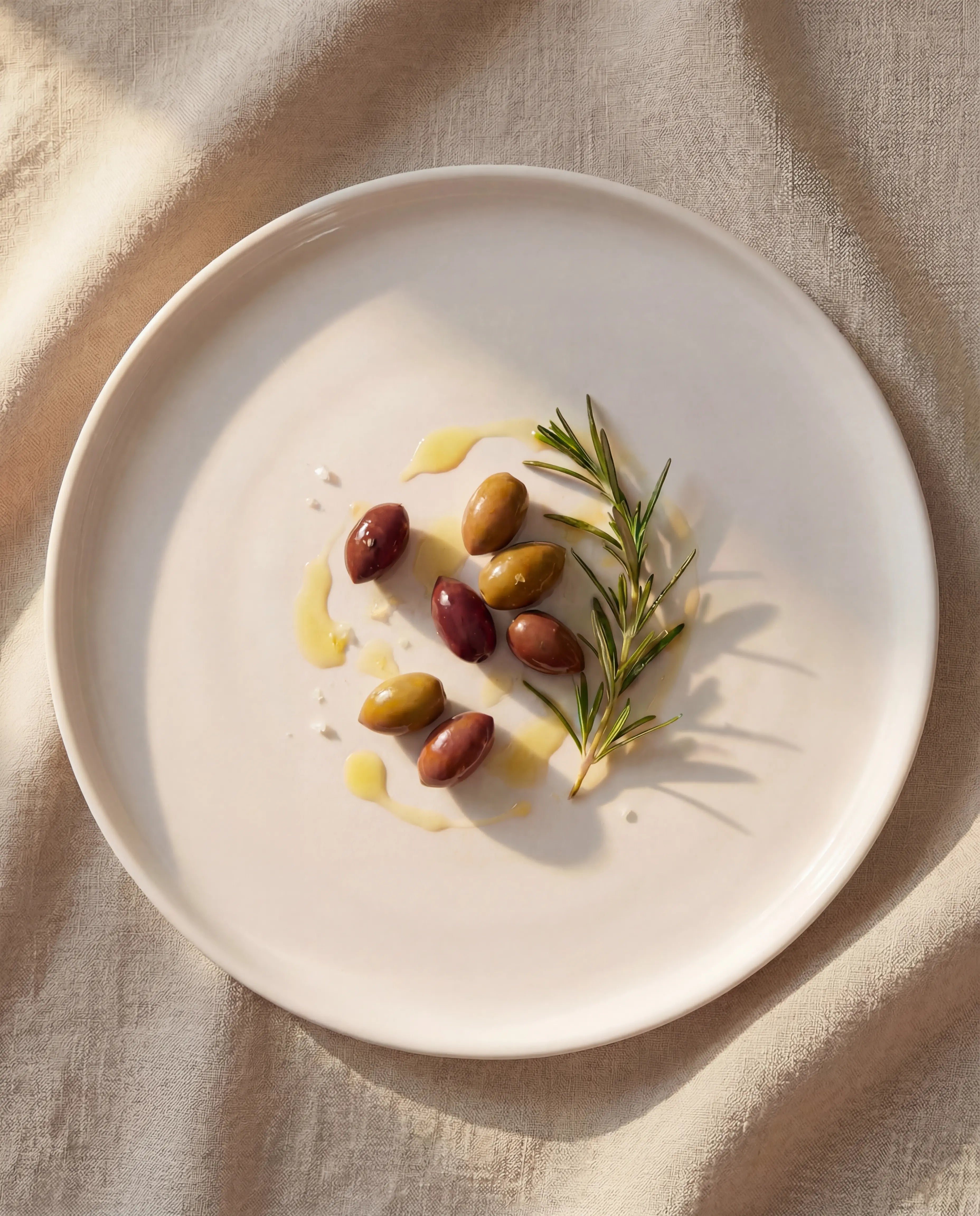 White plate with olives and herbs and olive oil drizzle on a beige tablecloth
