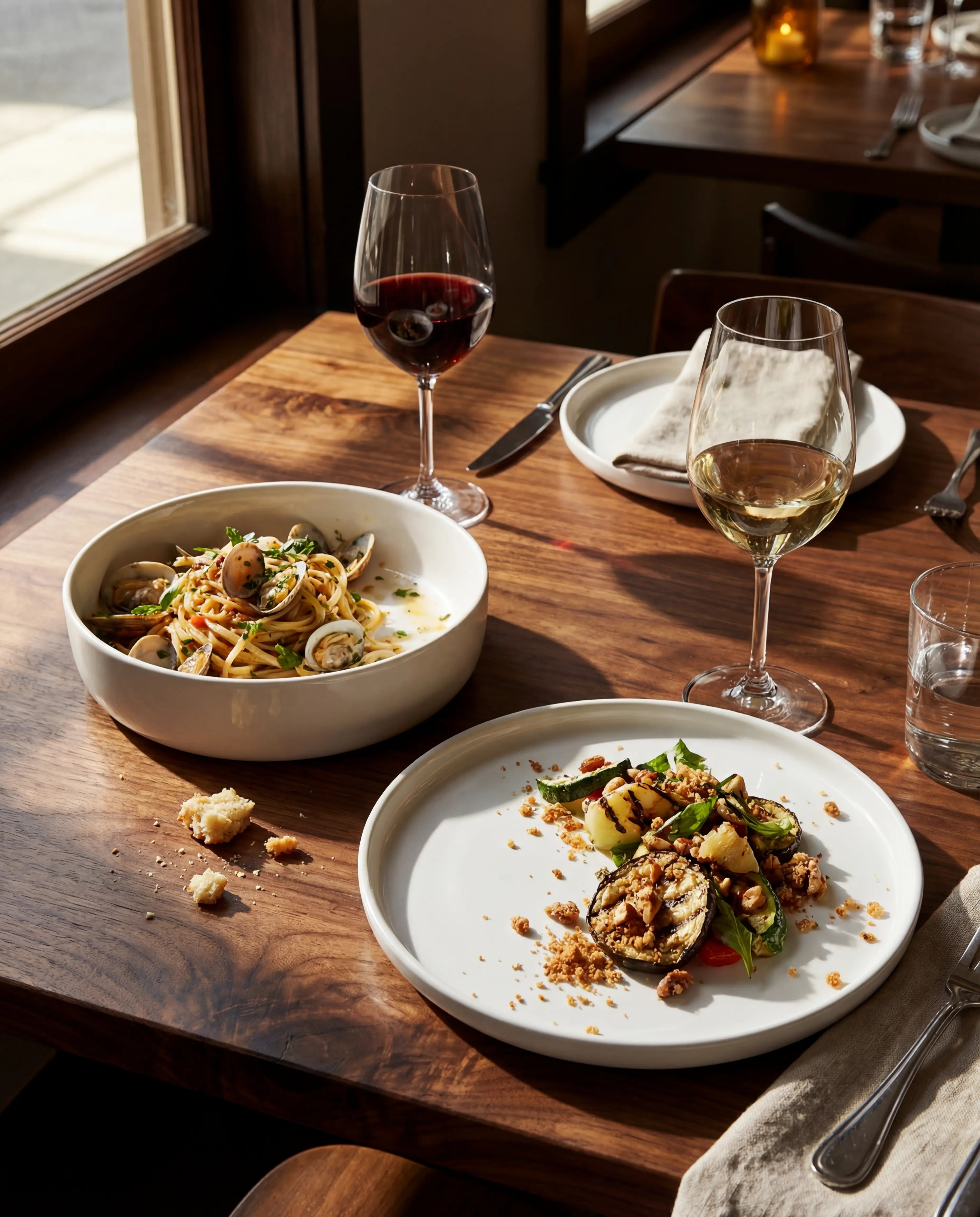 Weiße keramische Geschirrteile des 40-teiligen Vela Alba Sets auf einem Holztisch mit Pasta Gericht und Weingläsern