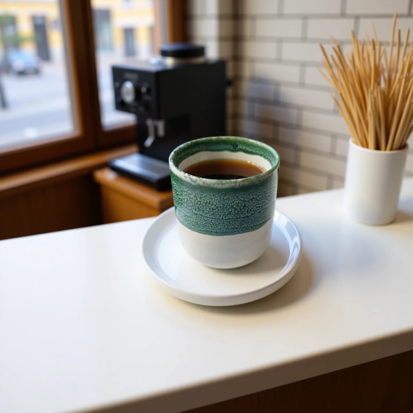 Tilde Kaffeemomente Set mug with blue green glaze around the middle on a white saucer.