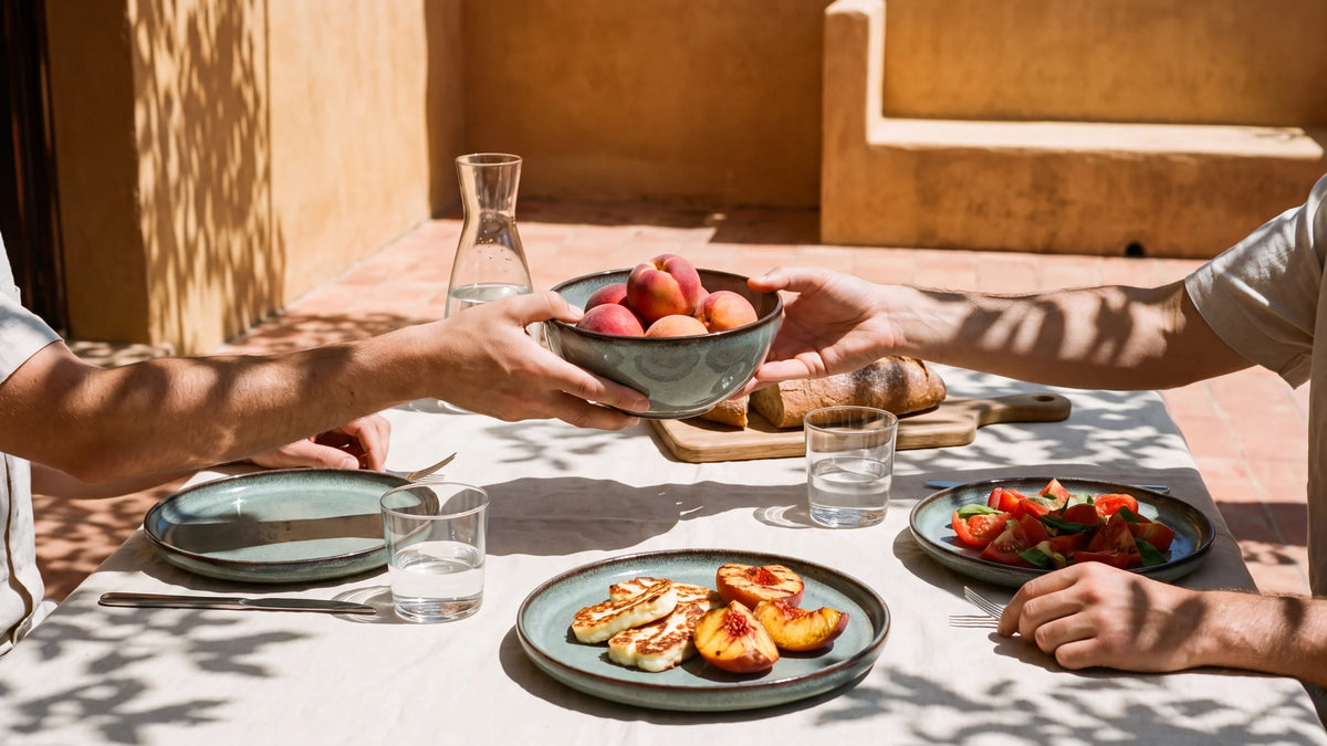 Mittagstisch mit Nordic-Forest-Tellern, Halloumi und Pfirsichen