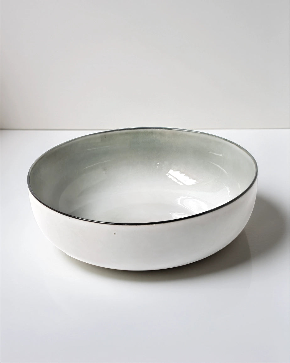 Large Nordic Forest salad bowl with light gray interior and white exterior on a white background