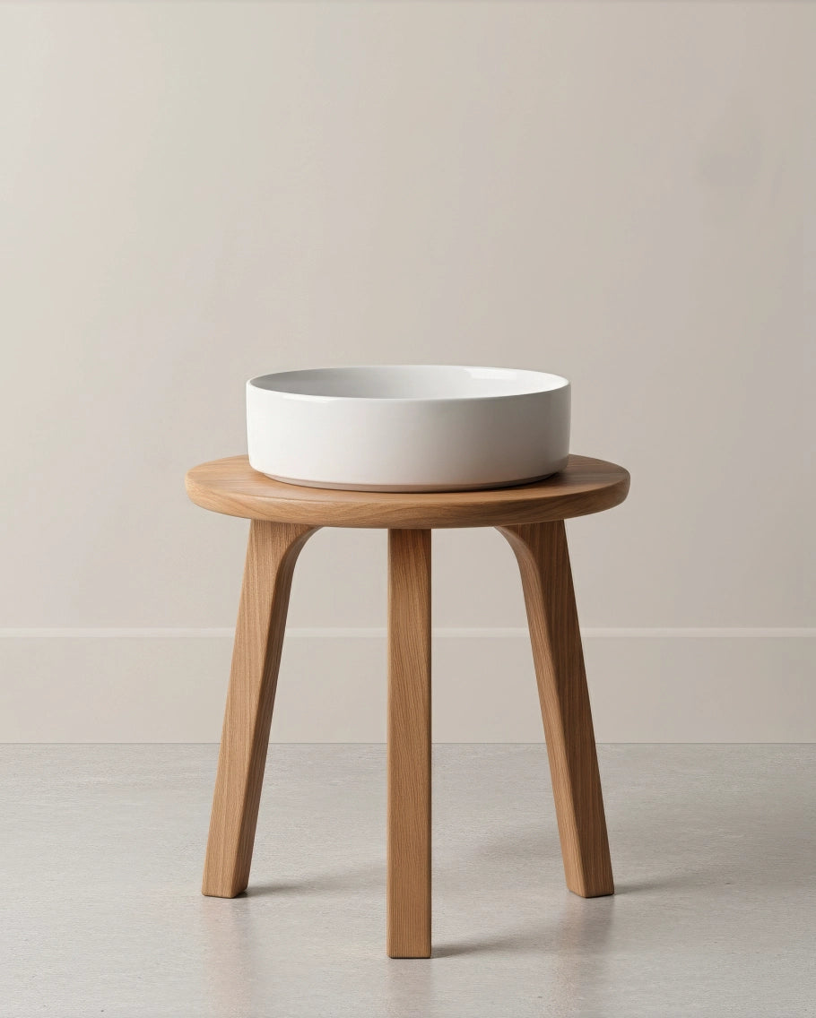 Vela Alba Hugo dishware set 32 plus 11 pieces white bowl on a round wooden stool