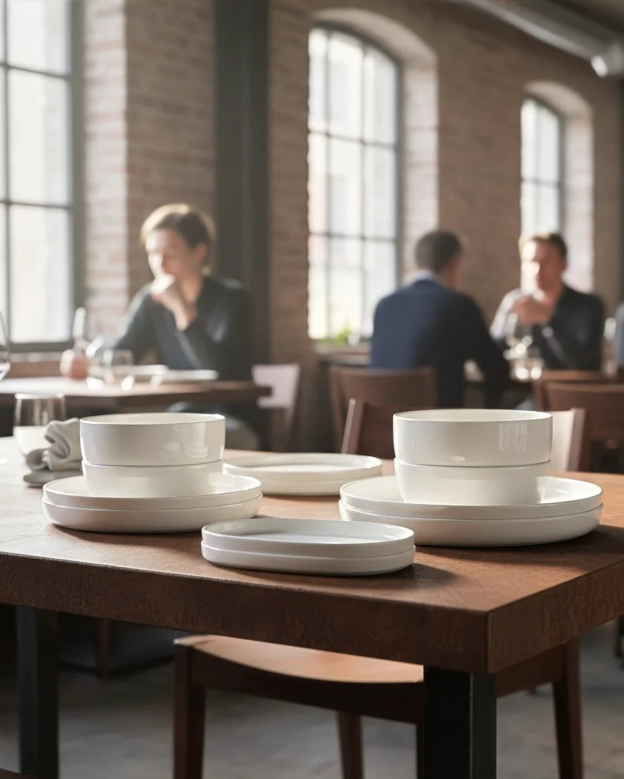 Assorted white Vela Alba Elda dishware stacked on a wooden table in a restaurant setting