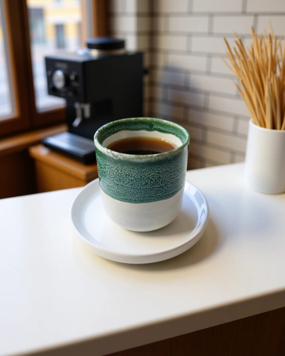 Ceramic Becher from the Tilde set with a green speckled glaze over white, placed on a white plate.