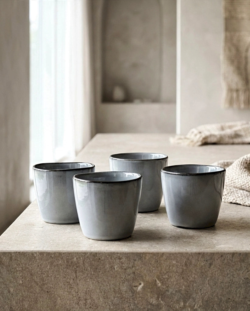 Four Nordic Fjord dip espresso cups with gray glaze arranged on a stone table