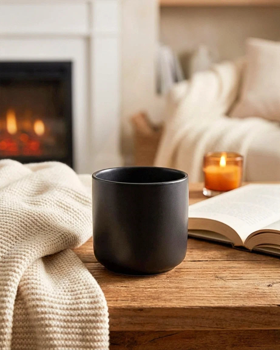 Vela Luna Becher schwarze matte Oberfläche auf Holztisch neben Buch und Kerze