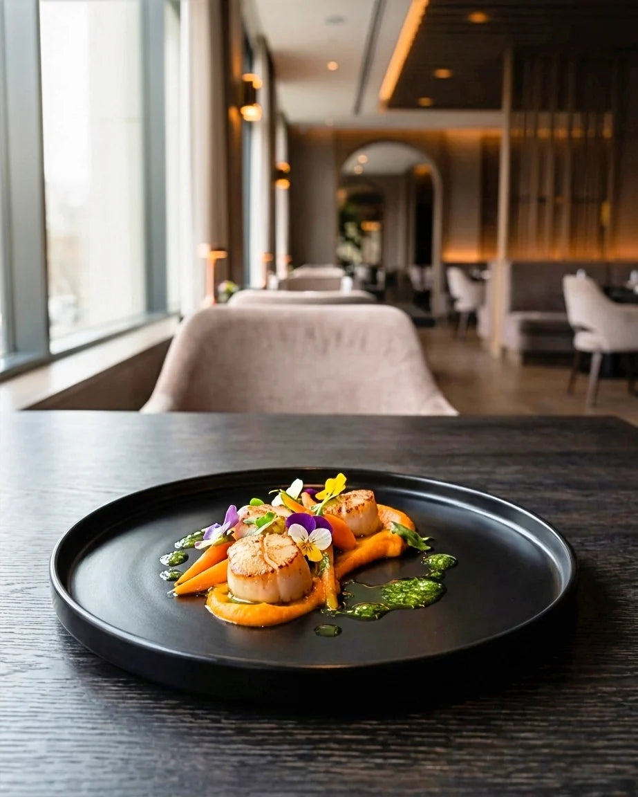 Vela Luna large black plate with an artful plated dish in a restaurant setting